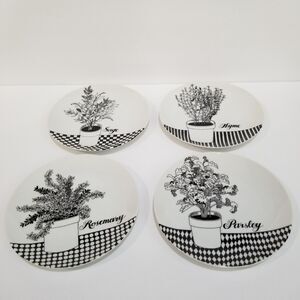 Variations By Fitz & Floyd Set Of 4 Herbal Design 7"  Black/White Dessert Plates